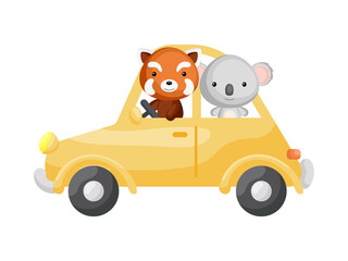 Obraz na płótnie Canvas Cute little koala and red panda driving yellow car. Cartoon character for childrens book, album, baby shower, greeting card, party invitation, house interior. Vector stock illustration.