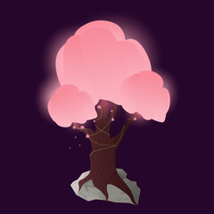 Magic fairy pink glowing tree with blooming flowers, fantasy forest object for children books or fantastic games