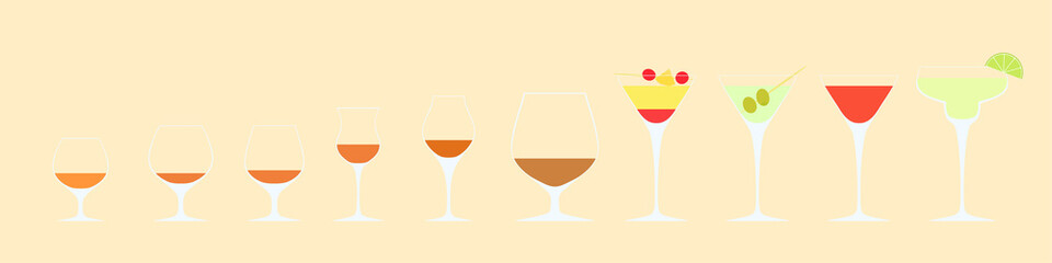 Vector illustration of 10 beverages set. Cocktails, brandy and cognac glasses. Alcoholic drinks in flat style for infographic, articles, banners.