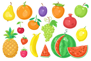 Collection of colorful fruits and berries. Isolated on white background. Vector illustration.