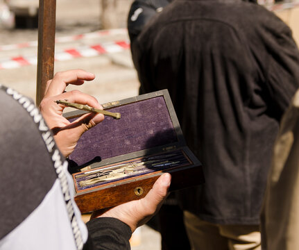 A street seller with a vintage item