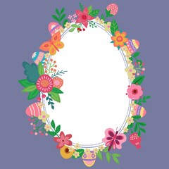 Easter card with cute flowers, eggs and butterflies. Hand-drawn flat style. Vector illustration.