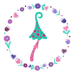 A fabulous decorative mushroom on a long stem in a flower wreath. Vector illustration.