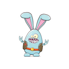 Easter bunny badass and funny cartoon character with bunny ears isolated on white background. rock n roll easter party poster or happy easter greeting card with blue rabbit