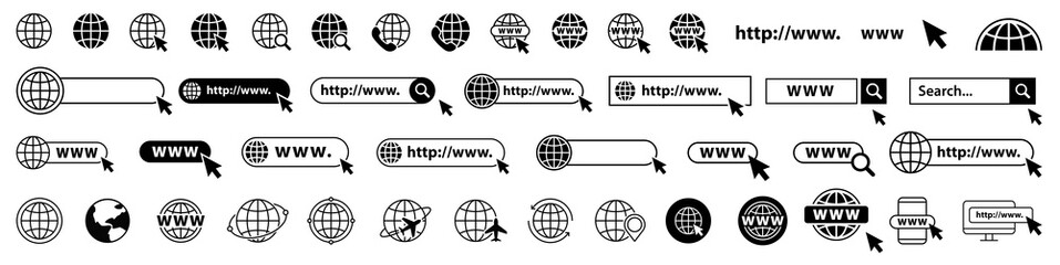 Set of www, globe and search bar elements. Globe with cursor icons, browser bar, WWW, mouse cursir, search. Vector illustration.