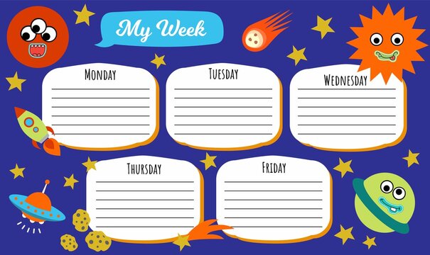 Template of a school schedule for 5 days of the week for students. Includes hand-drawn space  elements.	