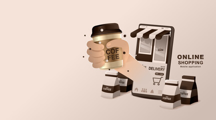 Online concept. Coffee shop delivery on mobile. Food and drink order application. Vector illustration.