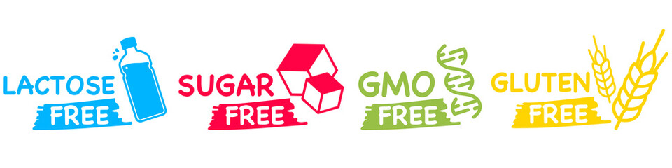 Lactose free. Gluten free. Sugar free. GMO free. Healthy, Organic, natural. Set of stickers of common allergens. Label for healthy daily food, used for packaging design. Food intolerance symbols