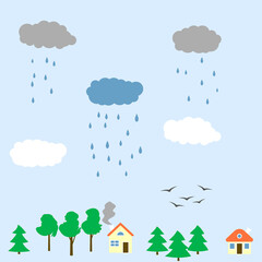 minimalistic landscape - clouds, trees and houses