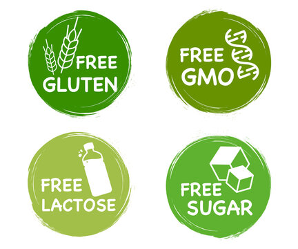 Lactose free. Gluten free. Sugar free. GMO free. Healthy, Organic, natural. Set of stickers of common allergens. Label for healthy daily food, used for packaging design. Food intolerance symbols