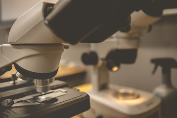 Optical microscope in laboratory. Medical equipment. Concept Science and Technology.
