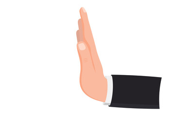 Businessman hand show stop sign isolated on white background for web design. Stop coronavirus. Precaution icon. Flat Vector design of a hand prohibiting, stopping showing ban, isolation, stop