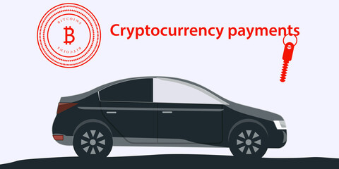 Cryptocurrency payments - bitcoin symbol, car, key - vector. Internet payments concept. Isometric investment.
