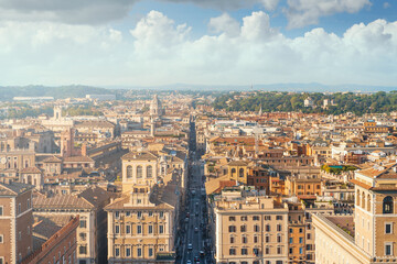 Rome cityscape, old European city panorama, historical center, view from rooftop of monument to Vittorio Emanuele II.