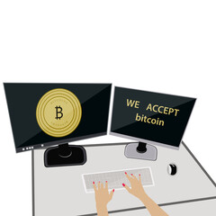 Cryptocurrency payments - we accept bitcoin - two computers on the desktop, hands on the keyboard - vector. Internet payments concept. Isometric investment.