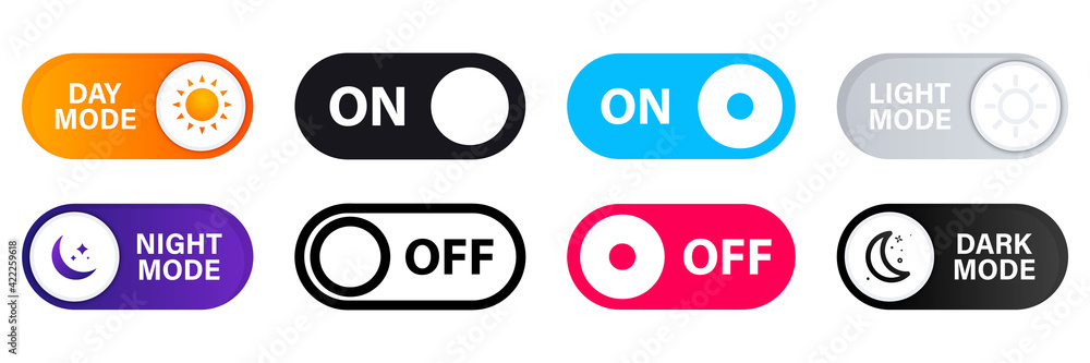 Poster on and off toggle switch buttons. light and dark buttons. day night switch. gadget interface switch 
