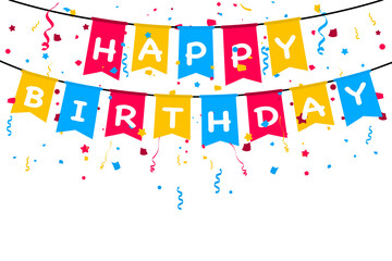 Happy Birthday Banner. Design template for birthday celebration Birthday party flags with confetti on white background. Carnival garland with flags. Party multicolored buntings flags
