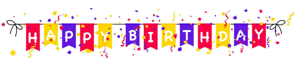 Happy Birthday Banner. Design template for birthday celebration Birthday party flags with confetti on white background. Carnival garland with flags. Party multicolored buntings flags