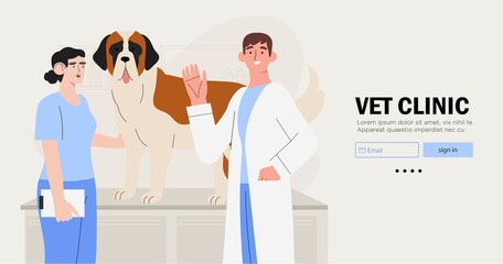 Veterinarians doctor and a nurse examining dog. Creative banner, flyer, landing page or a blog post for a vet clinic, veterinary office or hospital.