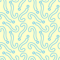 Vector blue question marks seamless pattern on light yellow background. Punctuation symbols colorful print for books, covers, textile, fabric, wallpaper, wrapping paper, design and decoration.