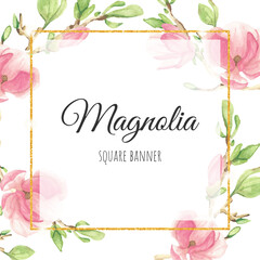 watercolor pink magnolia branch bouquet with gold glitter square frame  for banner or logo
