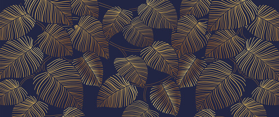Tropical leaf Wallpaper, Luxury nature leaves pattern design, Golden banana leaf line arts, Hand drawn outline design for fabric , print, cover, banner and invitation, Vector illustration.