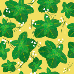 Floral seamless pattern.Green mint leaves collected in a bunch on a yellow background.Trendy botanical design for fashion fabrics,cards and templates,scrapbooking etc.Vector illustration.