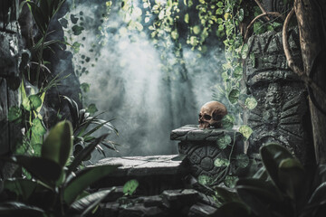 Human skull and ancient ruins in the jungle