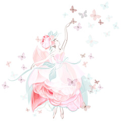Fashion vector illustration with ballerina dancer in pink rose dress and butterflies - obrazy, fototapety, plakaty