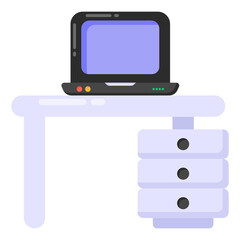 
Laptop on table denoting flat icon of office table 

