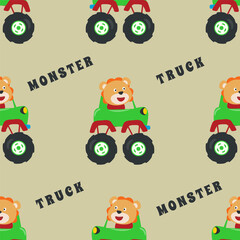 Seamless pattern vector of monster truck with animal driver, Creative vector childish background for fabric textile, nursery background, baby clothes, poster, wrapping paper and other decoration. © Hijaznahwani
