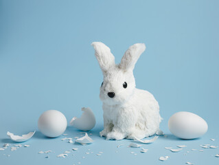 White rabbit sitting among white cracked eggs and eggshells on pastel blue background. Minimal Easter concept. Spring holiday symbol.