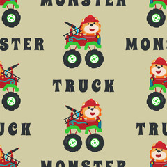 Obraz na płótnie Canvas Seamless pattern vector of monster truck with animal driver, Creative vector childish background for fabric textile, nursery background, baby clothes, poster, wrapping paper and other decoration.