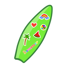 Green surfboard on white background. Sea extreme sport. Wood surf board summer. Surfboard with summer stickers. Vector illustration on white background.