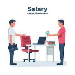 Salary payment. The head pays the employee wages. Payroll concept. Vector illustration flat design. Isolated on white background. Workplace with computer and documents.