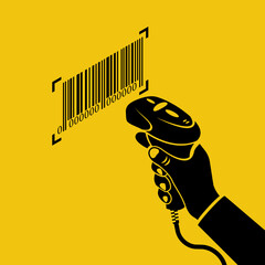Black icon operator holds a barcode scanner hand. Silhouette scanning Barcode. Equipment for accounting of goods. Vector illustration isometric design. Product identification.