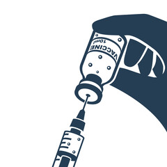 Vaccination and immunization. Black silhouette syringe and ampoule close-up in hands of doctor. Hands in gloves. Doctor makes a vaccine. Vector illustration flat design. Isolated on white background.