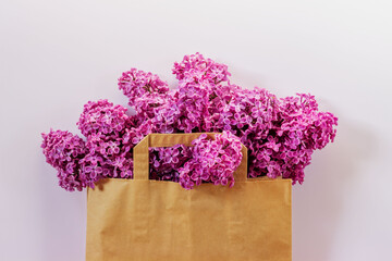 Purple (Violet) Lilac flowers in paper bag. Minimal spring composition.