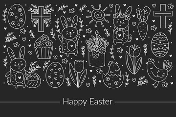 Fototapeta premium Happy Easter doodle line art design. Chalk board design elements. Rabbit, bunny, christian cross, cake, cupcake, chicken, egg, hen, flower, carrot, sun. Isolated on dark background. 