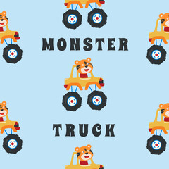 Seamless pattern vector of monster truck with animal driver, Creative vector childish background for fabric textile, nursery background, baby clothes, poster, wrapping paper and other decoration.