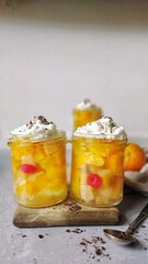 Sweet jelly and fruits dessert in jars - 422264626
