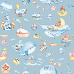 Watercolor cute fantasy nursery whales seamless pattern . Fairytale Illustration on blue background, perfect for sublimation, print, fabric, greeting card, scrapbooking	