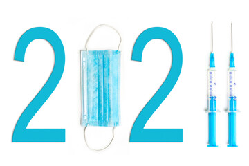 2022 year of mass vaccination and revaccination with second dose of the world s population, the concept of victory over coronavirus in the new year - Date of 2022 with masks and vaccine syringe
