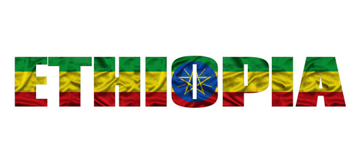 The word Ethiopia in the colors of the waving Ethiopian flag. Country name on isolated background. image - illustration.