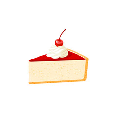 Cheesecake slice glazed and topped with whipped cream and cherry. Vector illustration cartoon flat icon isolated on white background.