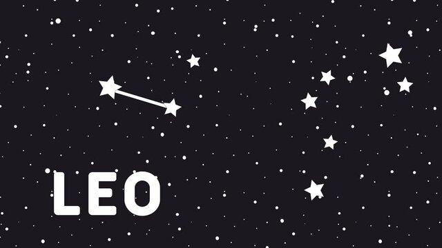 Leo - Animated zodiac constellation and horoscope symbol wih starfield space background. Leo signs, zodiac background. 