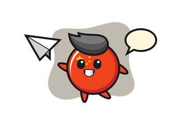 china flag badge cartoon character throwing paper airplane