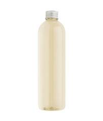Transparent plastic tall thin bottle with pale fresh drink or cosmetic essential oil, silver cap mockup, isolated.