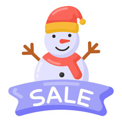 
Snowman with label denoting flat icon of winter sale 

