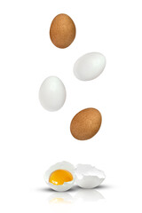 Eggs tossed into the air fall and break. Culinary ingredients isolated on white background with...